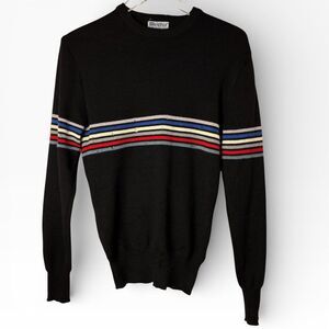 Vintage Mens Meister Ski Weater M Wool Black Multicolor Stripes 70s Distressed